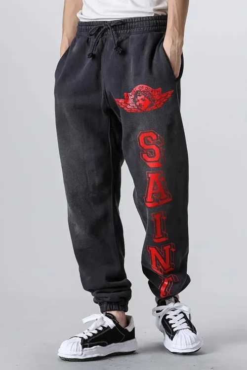 SAINT Mxxxxxx ANGEL SWEAT PANTS/BLK Angel Reborn Crack Print Distressed Sweatpants, Washed Black S-XL Assute Dyeing, Full Spray Fade, Heavy Fermentation Washing, Made with NEW VINTAGE Texture, Four Needles and Six Threads from the Factory, Boneless Patchwork, More Comfortable to Wear, Genuine Level Crack Print/Accessories Restored